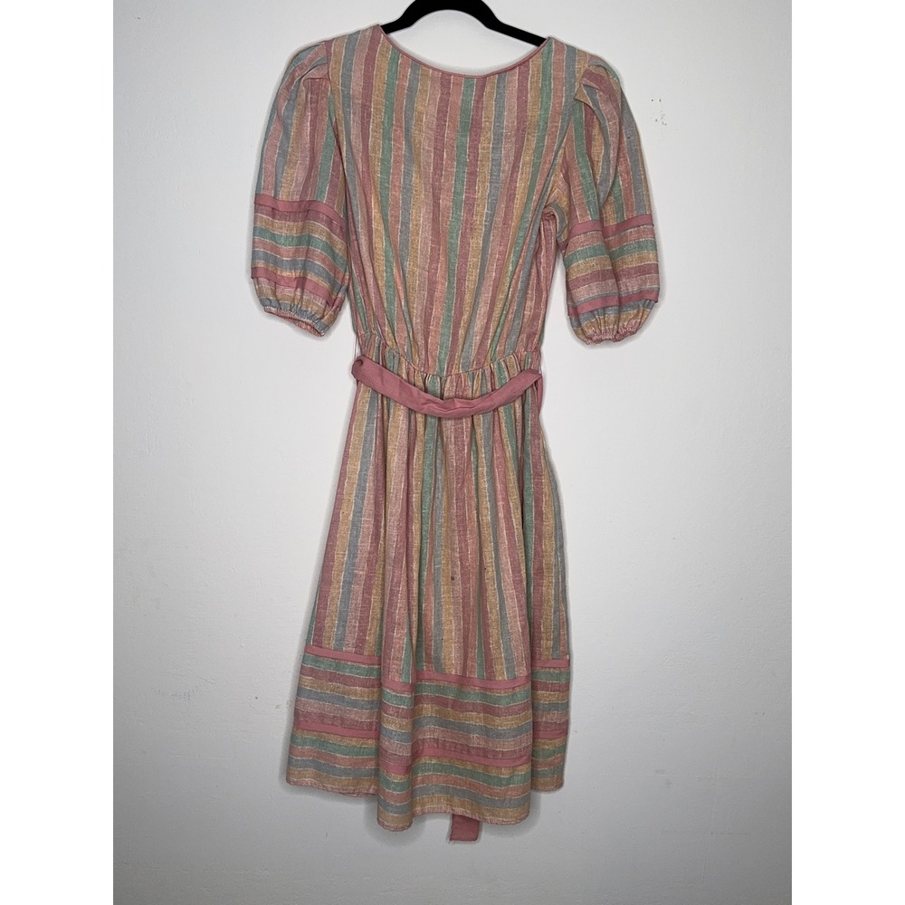 Vintage 70s Style Striped Midi Dress Pastel Pink Blue Yellow Puff Sleeve Medium